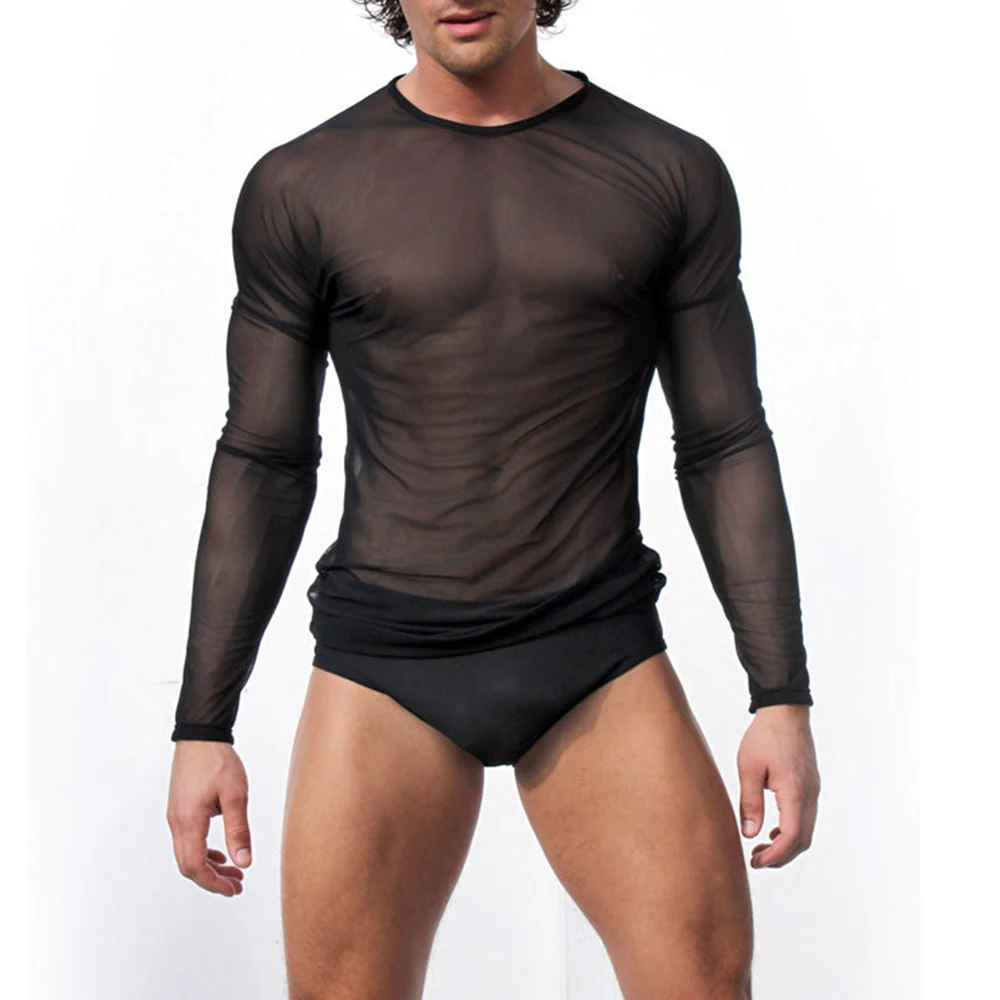 

Hirigin Mens Undershirt Gay Clothing Nylon Mesh Shirt See Through Sheer Long Sleeves T Shirts Sexy Transparent Shirt Underwear