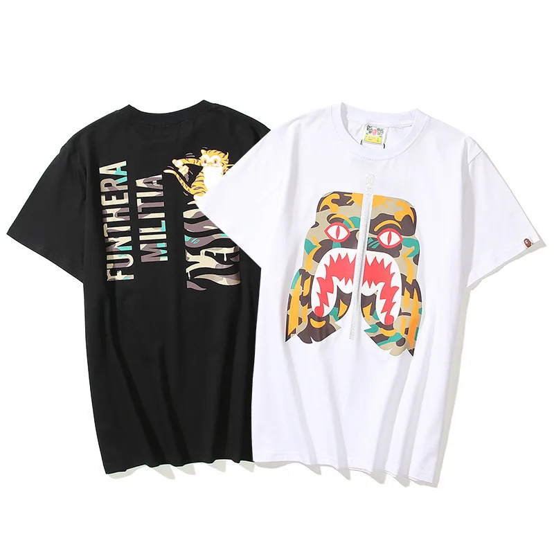

Летняя футболка с принтом BAPE Tiger, японская Модная брендовая Хлопковая мужская и женская парная футболка с коротким рукавом и принтом акулы, ...