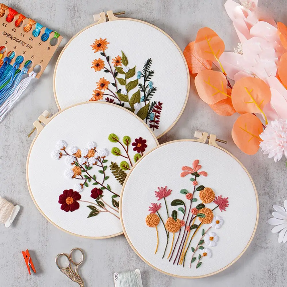 

Hand Embroidery Kit DIY Needlework Bouquet Flower Needlecraft for Beginner Cross Stitch Artcraft Material Pack With Hoop