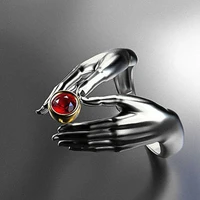 unique design silver color both hands embrace rings for womens propose red cz zircon engagement wedding ring bride jewelry