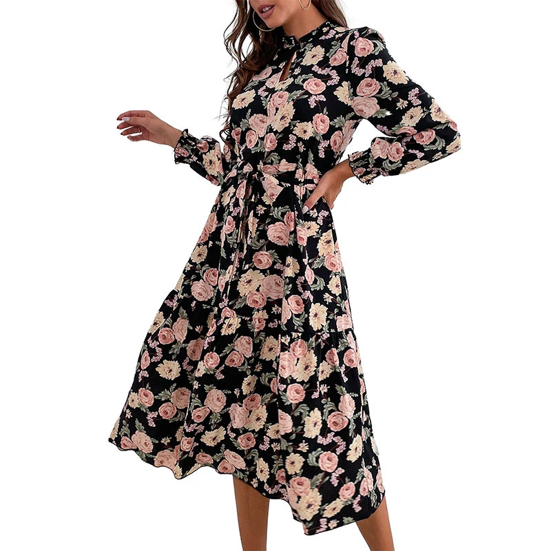 

Женское шифоновое платье-макси с цветочным принтом, длинным рукавом-фонариком и ложным воротником