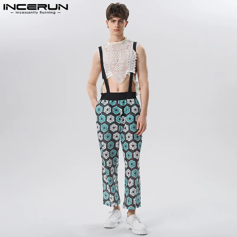 

INCERUN Men Jumpsuits Printing Patchwork Loose Transparent Suspenders Rompers Streetwear 2023 Male Wide Leg Overalls S-5XL