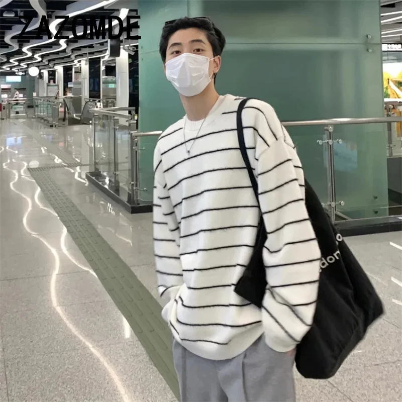 ZAZOMDE винтажный черно-белый полосатый свитер вязаный топ для мужчин осень-зима с