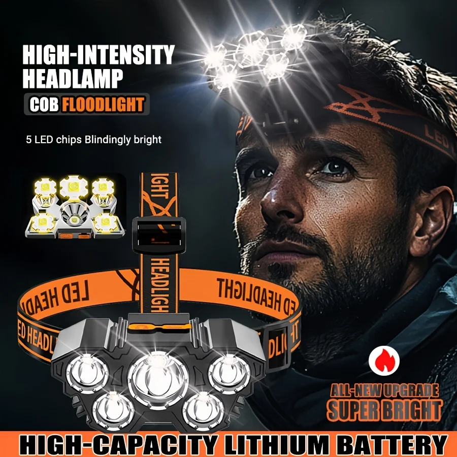 5 LED Flashlight Rechargeable with Built in Lithium Battery Strong Head Light Camping Adventure Fishing Cycling Headlamp