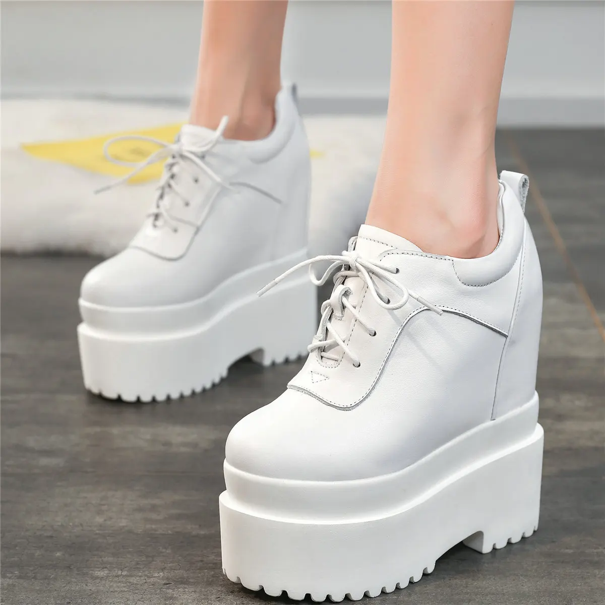 Fashion Sneakers Women Lace Up Genuine Leather Height Increasing Ankle Boots Female Round Toe Chunky Platform Pumps Casual Shoes