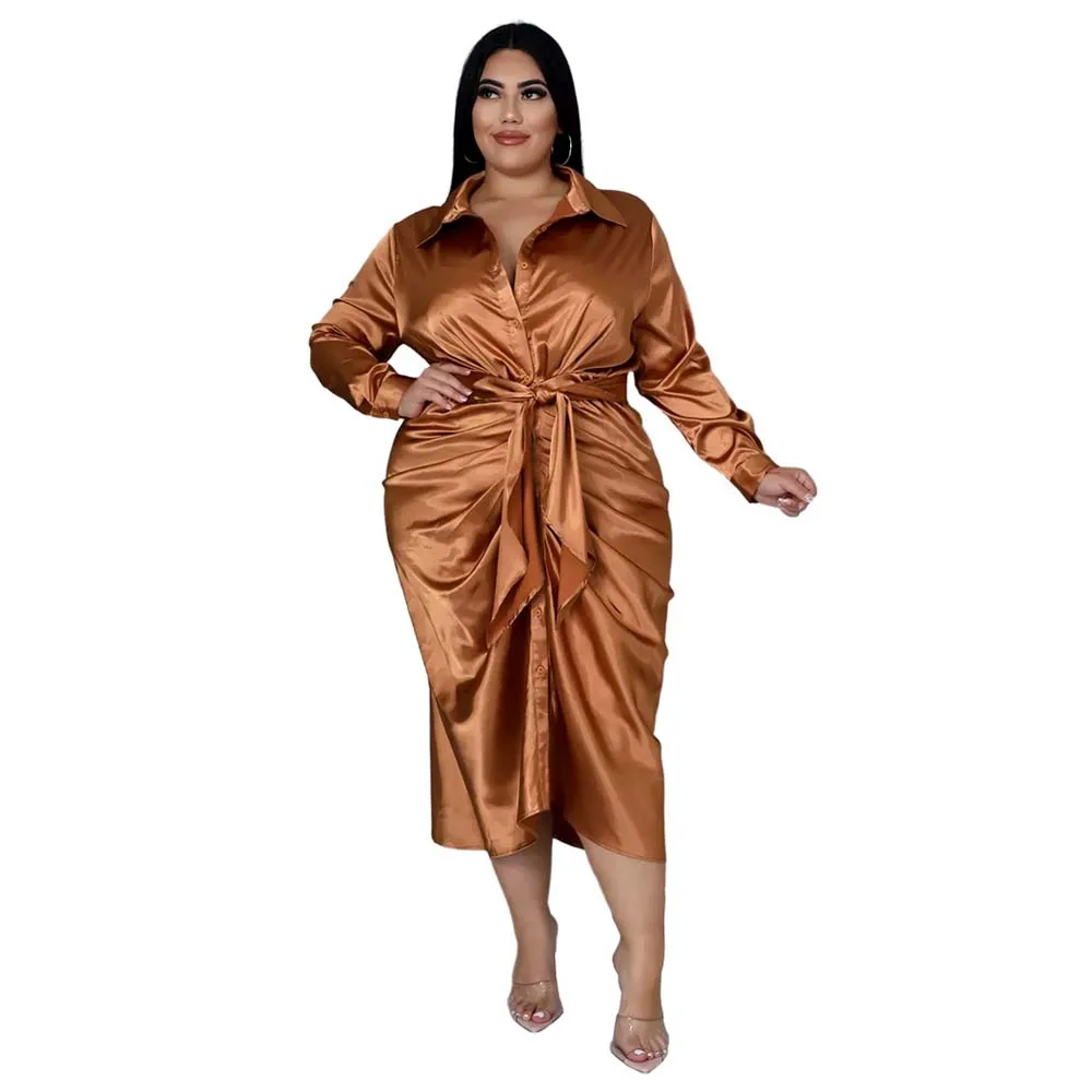 Dress Office Lady Midi Fashion Stain Women Long Sleeve Robe Large Sizes Curve Female Casual Pleated Female Shirt Dress Plus
