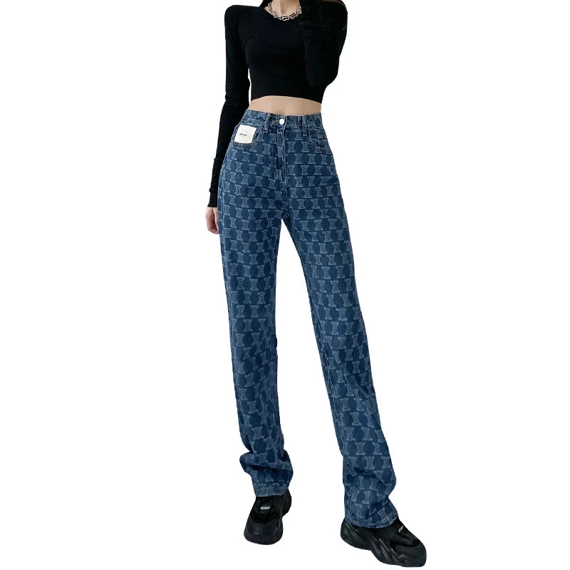 

Blue jeans women's fashion 2022 summer new pants printed elastic loose straight wide leg pants