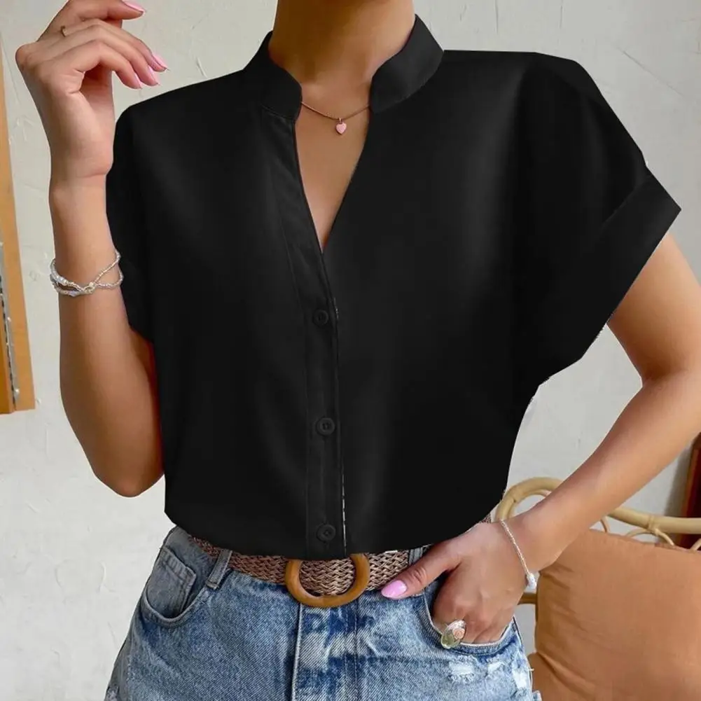 

Summer Blouse Women Solid Color Shirt Silky Smooth Women's V-neck Blouse Elegant Stand Collar Short Sleeve for Formal Business