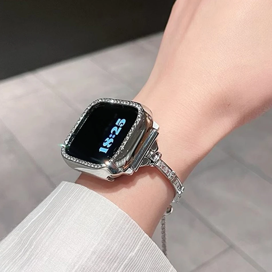Фото Роскошный тонкий ремешок с бриллиантами для Apple Watch серии 11, 10, 9, 8, 7, 6 SE 5, UItra iWatch 49/46/45/44/42/41/40/38 мм, металлический браслет №4