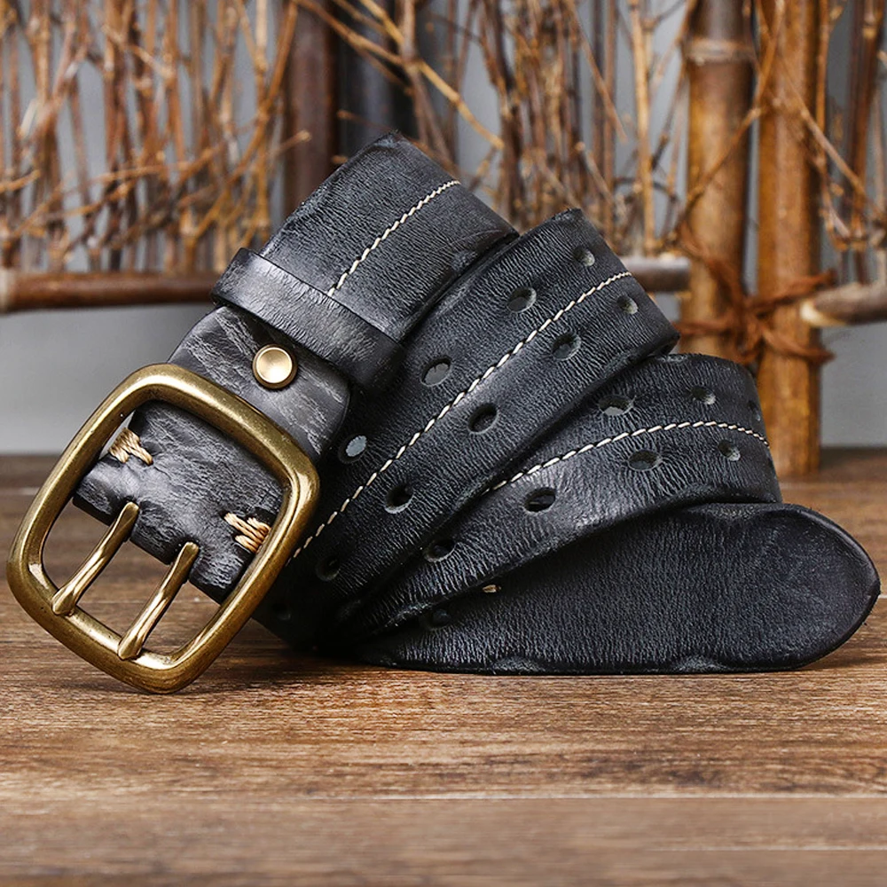 3.8cm Men Belt Male High Quality Leather Belt Men Male Genuine Leather Strap Luxury Double Needle Pin Buckle Fancy Vintage Jeans