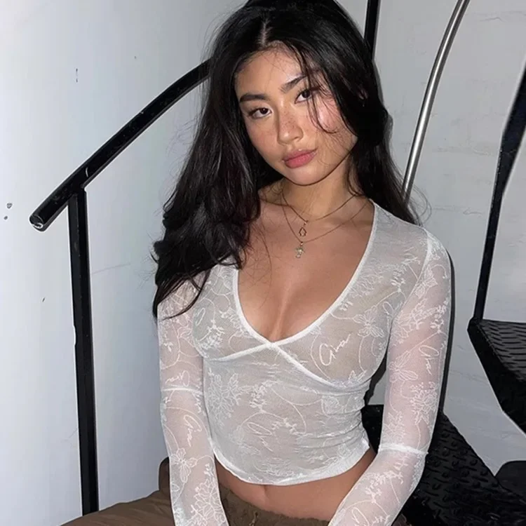 Сексуальная утягивающая футболка с v-образным вырезом и длинным рукавом для