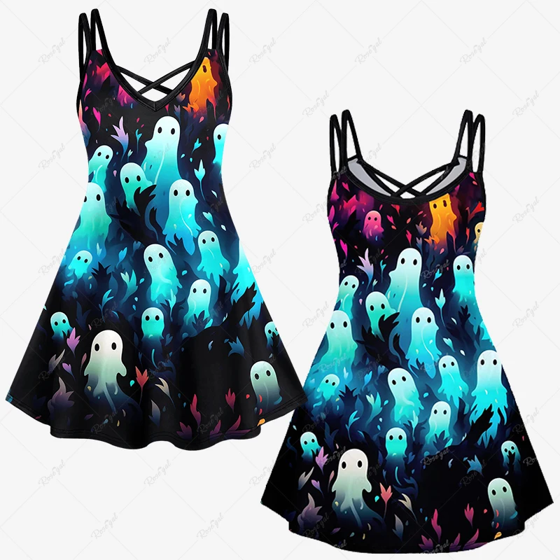 

Spring Summer 2023 New Plus Size Woman's Halloween Colorful Ghost Waterweed Ombre Print Daily Casual Crisscross Cami Dress XS-6X