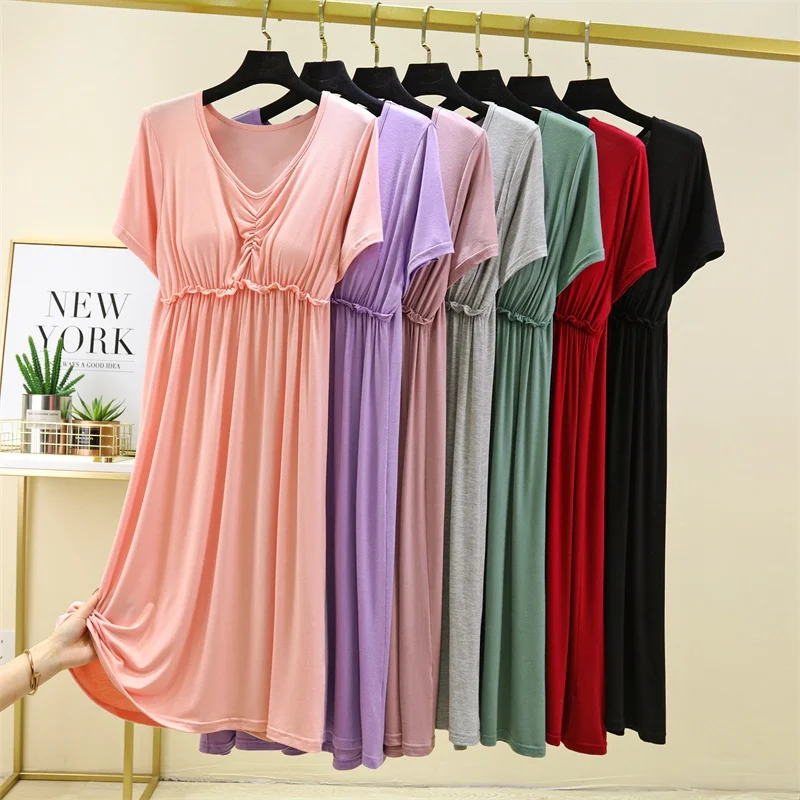 

Mom With Chest Pad Nightdress Modal Pajamas Women Summer Middle Aged Short sleeve Thin Long dress Plus size dress