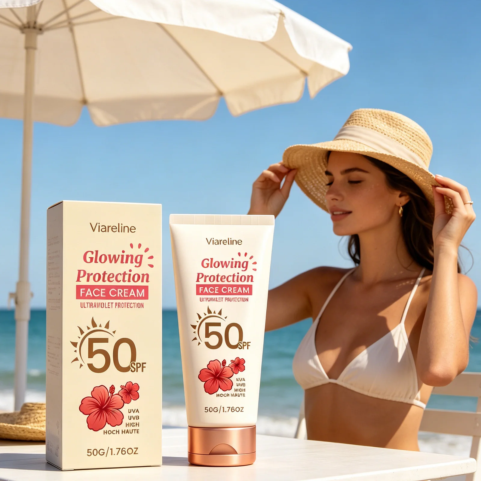 Фото Солнцезащитный крем Viareline SPF 50: защита от УФ-излучения, предотвращение солнечных ожогов, укрепление кожи, контроль жирности, увлажнение, водостойкий, для лица №2