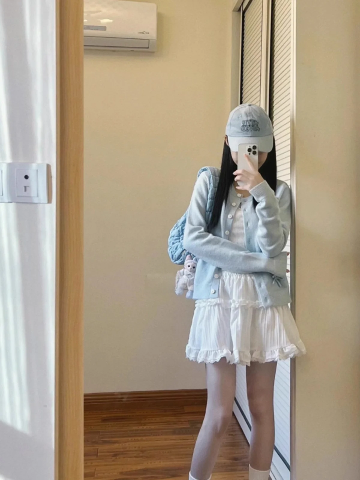 Балетный вязаный кардиган с бантом синий свитер женский милый корейский осенняя