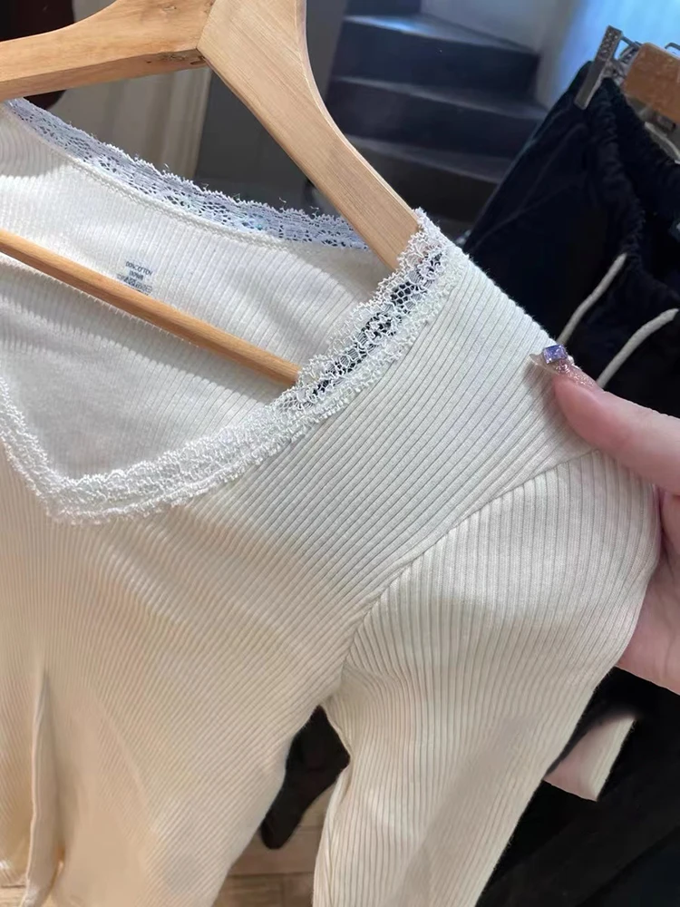 z koronkowym wykończeniem i długim rękawem dla kobiet Nowa jesienna bawełniana koszulka dekoltem w szpic Vintage Solid Sweet T-shirt Odzież Y2k