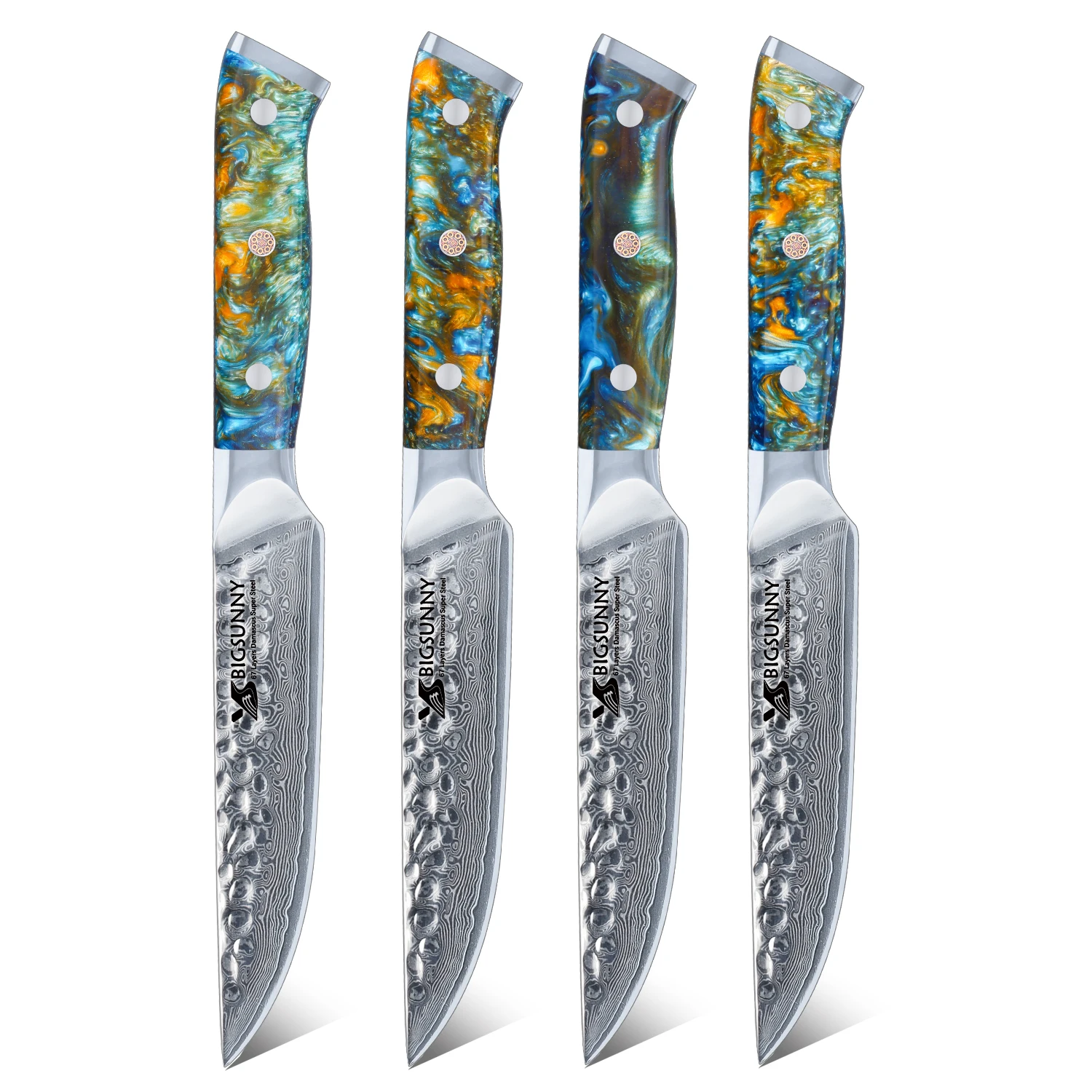 

Нож для стейка из дамасской стали BIGSUNNY VG10, 5 дюймов, набор ножей для стейка с ручкой из смолы синего павлина
