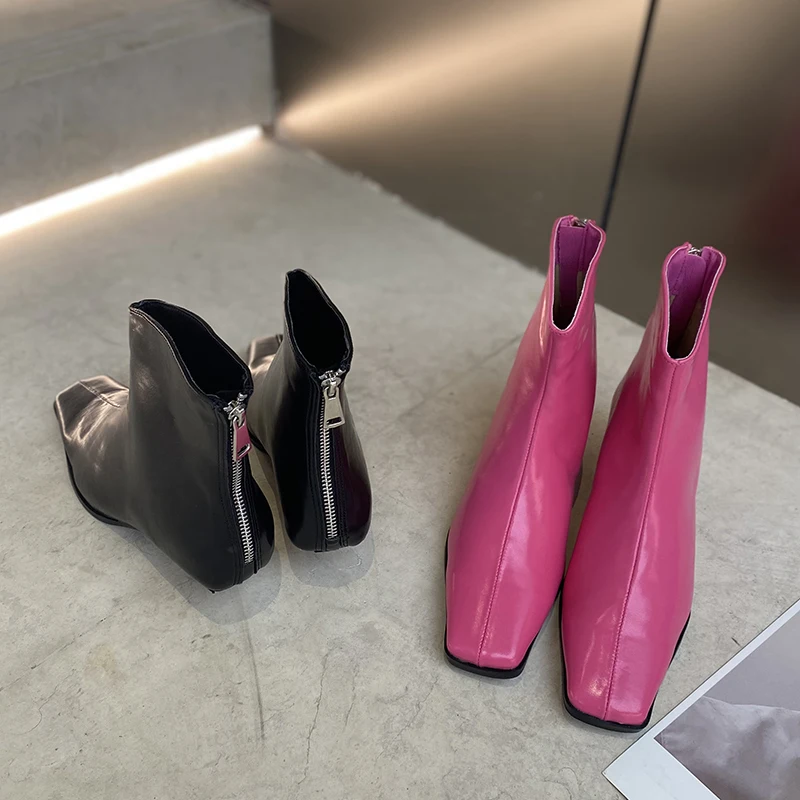

Fashion Women Ankle Boots Black White Pink Back Zipper Square Toe Black White Pink Thin Mid Heels Short Stretch Shoes Woman 39