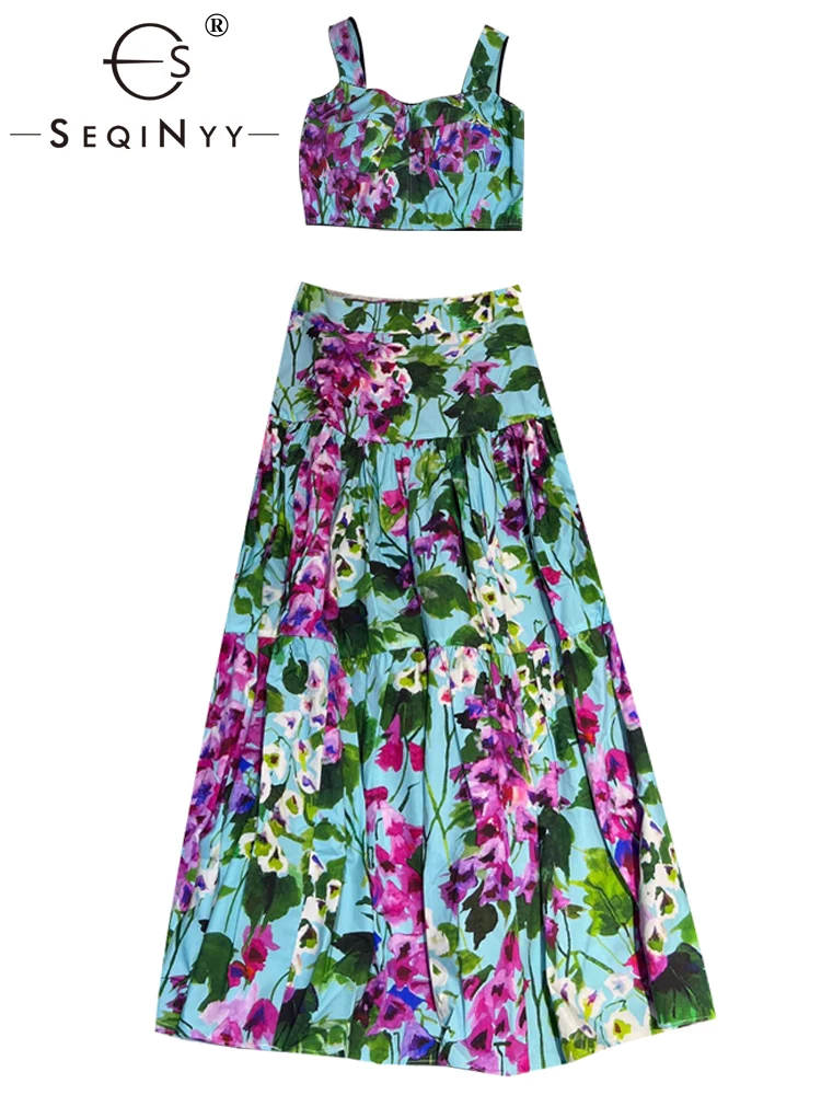 

Женский хлопковый комплект SEQINYY, подиумный винтажный топ с цветочным принтом Сицилии и юбка, лето-Весна 100%