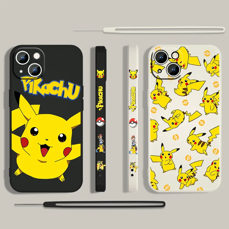 

Anime Pikachu Cute Japan For Apple iPhone 13 12 Mini 11 Pro XS MAX XR X 8 7 6S SE Plus Liquid Left Rope Silicone Phone Case Capa
