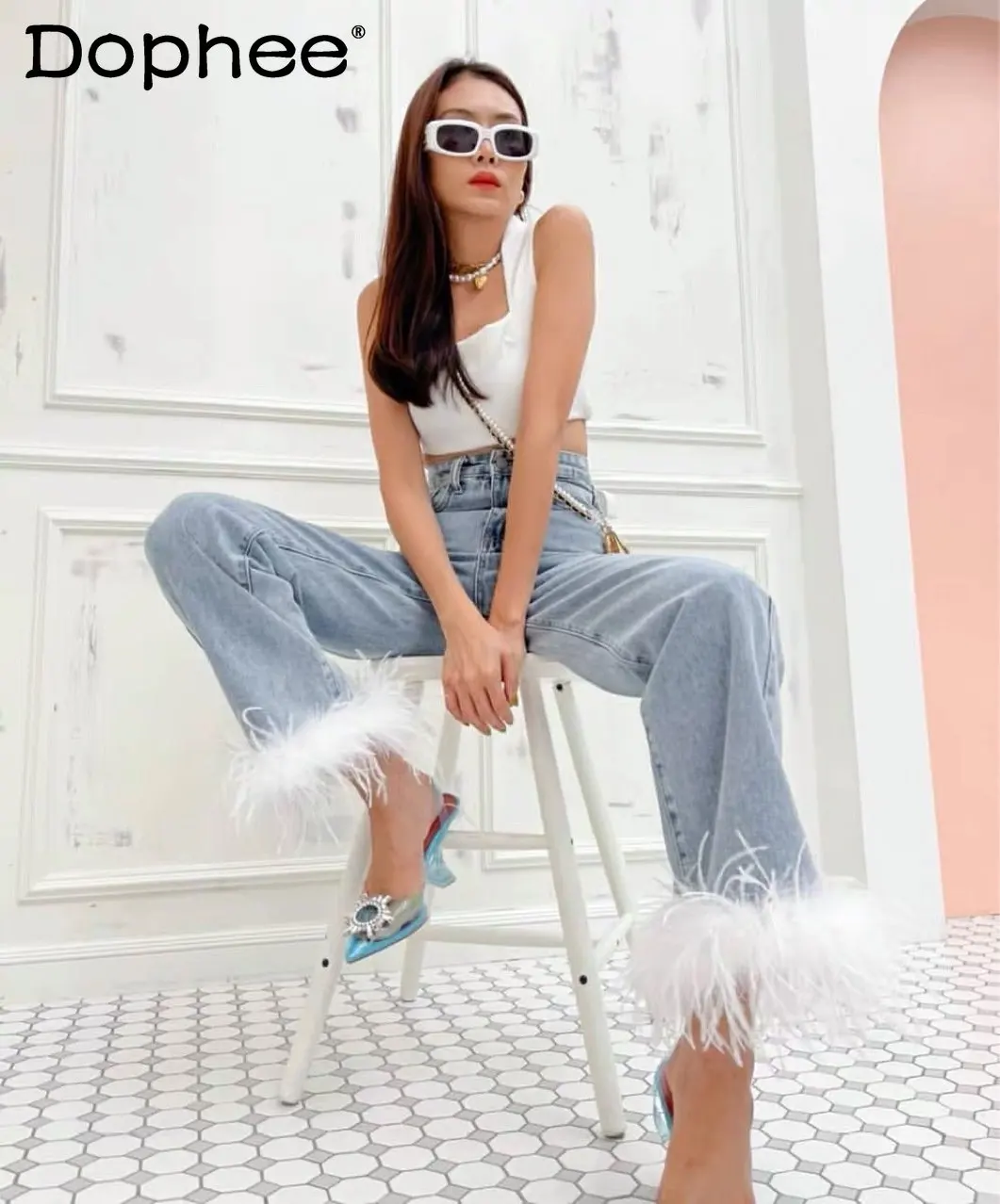 

Streetwear Trousers Ostrich Feather Decorative High Waist Straight Denim Cropped Pants 2023 Spring New High Waist Jeans Women
