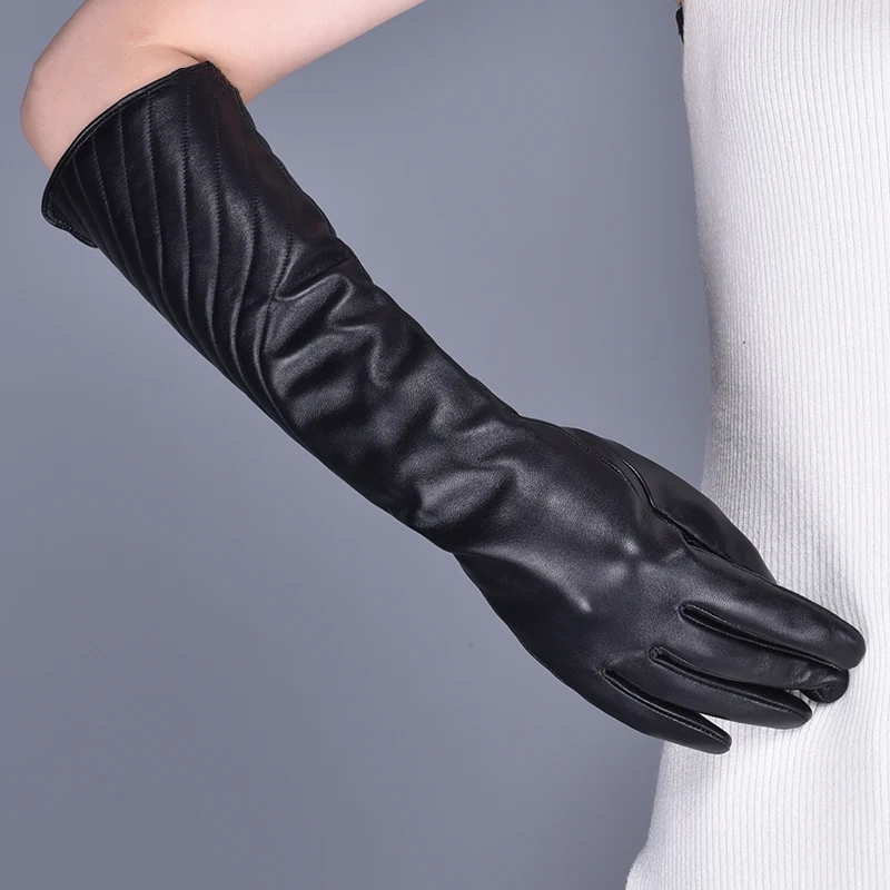 GOURS Winter Real Leather Gloves Women Black Real Sheepskin Touch Screen Long Gloves Fleece Lined Warm Soft Fashion New GSL081