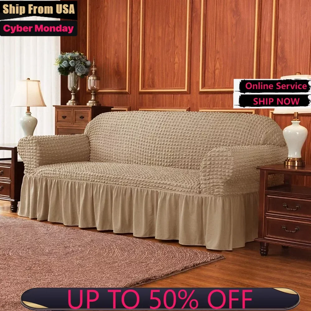 

Stretch 1-Piece Pleated Ruffled Skirt Sofa Slipcover