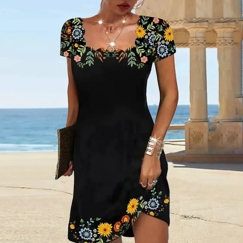 

Women Summer Boho Dress Print Short-Sleeve Dresses Elegant Casual Floral Theme Printed Female Fashionable Knee Length Dress 2023