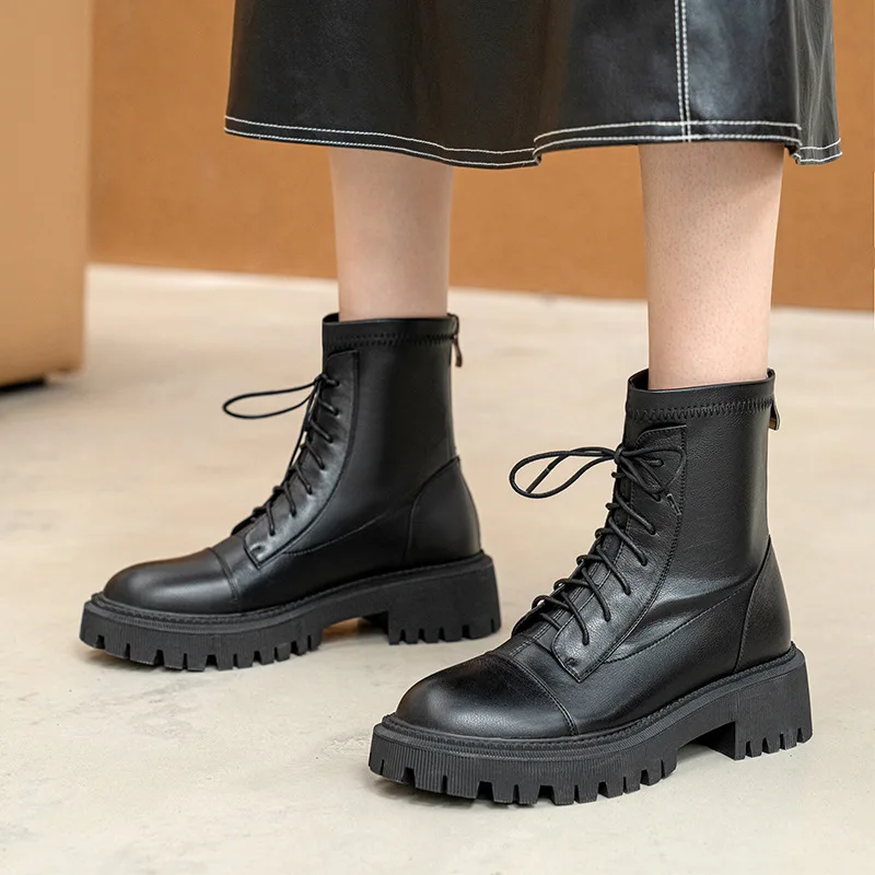 

Women's Fashion Ankle Martin Booties Unisex Chelsea Causal Side Zipper Lace-up Platform Combat Boots Winter Cowhide Boot