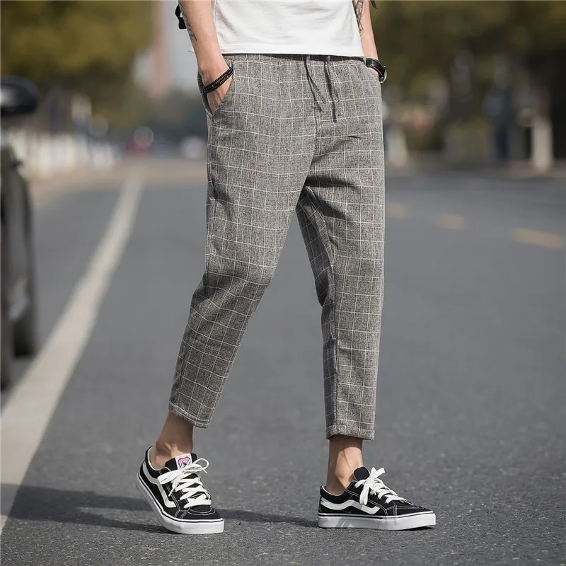 

Men's Straight-leg Pants Spring and Summer New Linen Plaid Retro Fashion Casual Nine Points Pants Men's Clothing Ankle Trousers