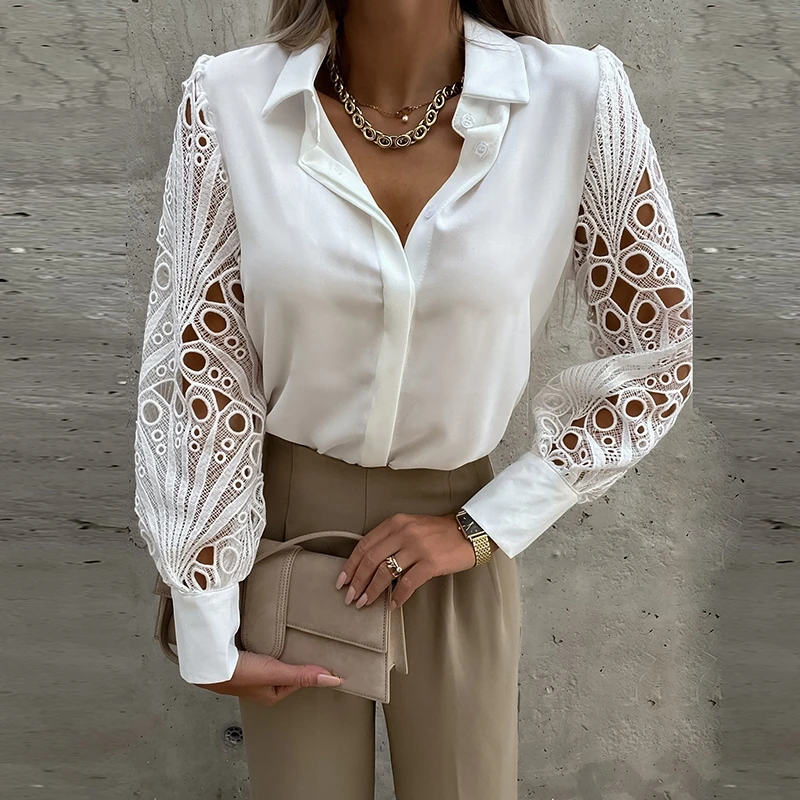 

White Sexy Lace Hollow Out Women Blouse 2023 Spring Black Vintage Button Up Shirts Top Long Sleeve Mesh Design Tops Femme
