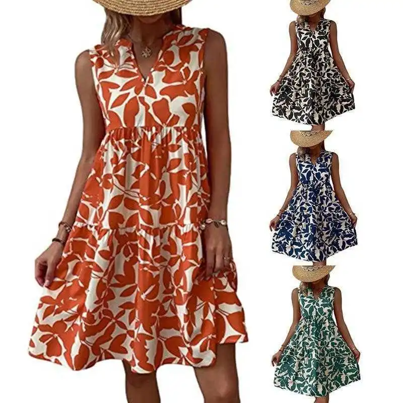 

Womens Casual V Neck Pleated Dress Summer Printed Midi Skirt