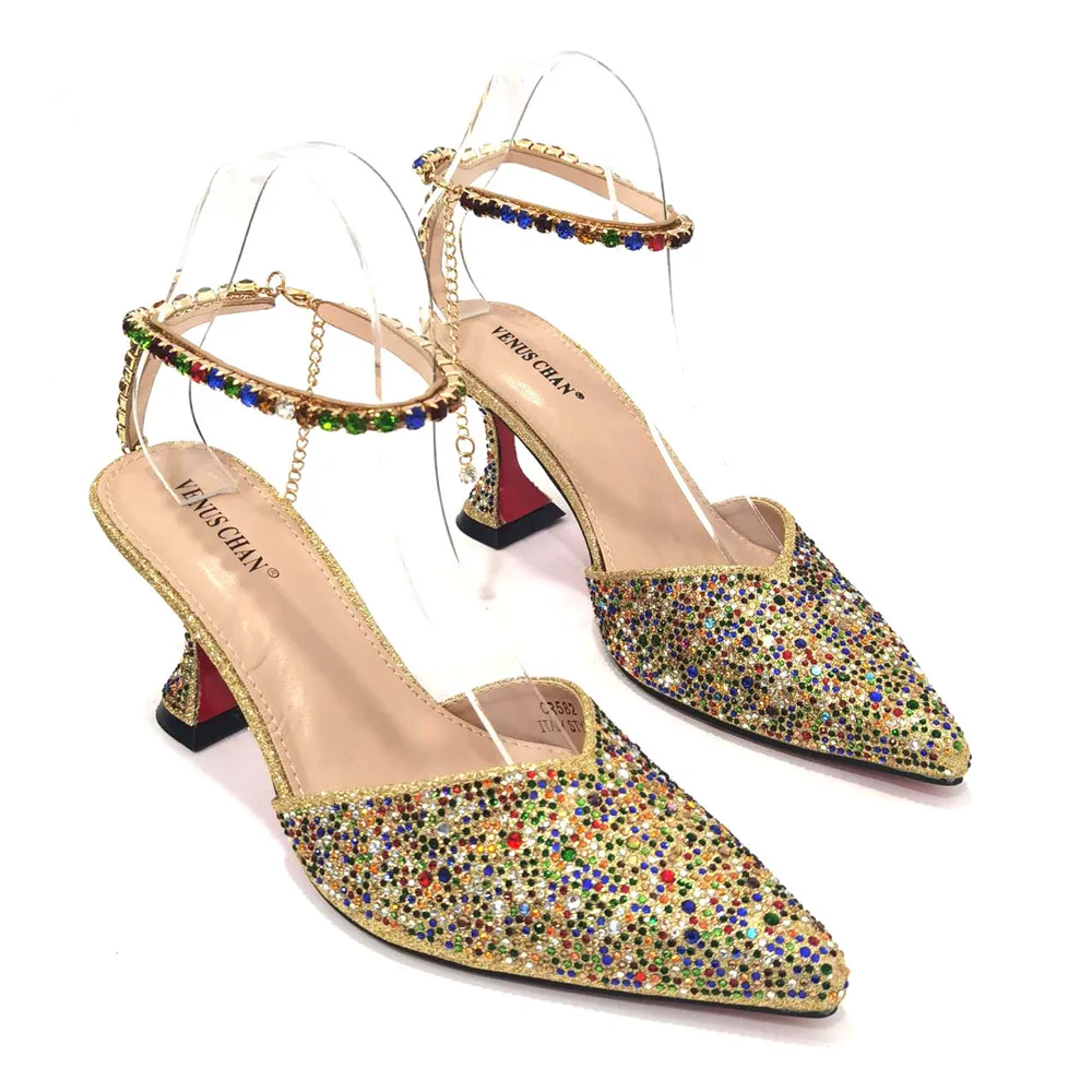 Venus Chan Elegant Party Sandals Colorful Full Diamond Design Pointed Toe High Heels for Women 2023 Bag and Shoes Matching Set