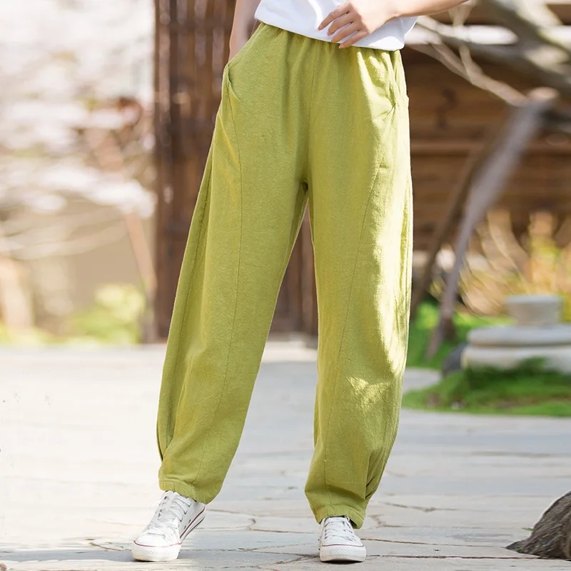 

Women Wide Leg Pants Elastic Waist 2022 Autumn New Linen Trouser Women Pants Loose 8 Colour Casual Vintage kung fu G359