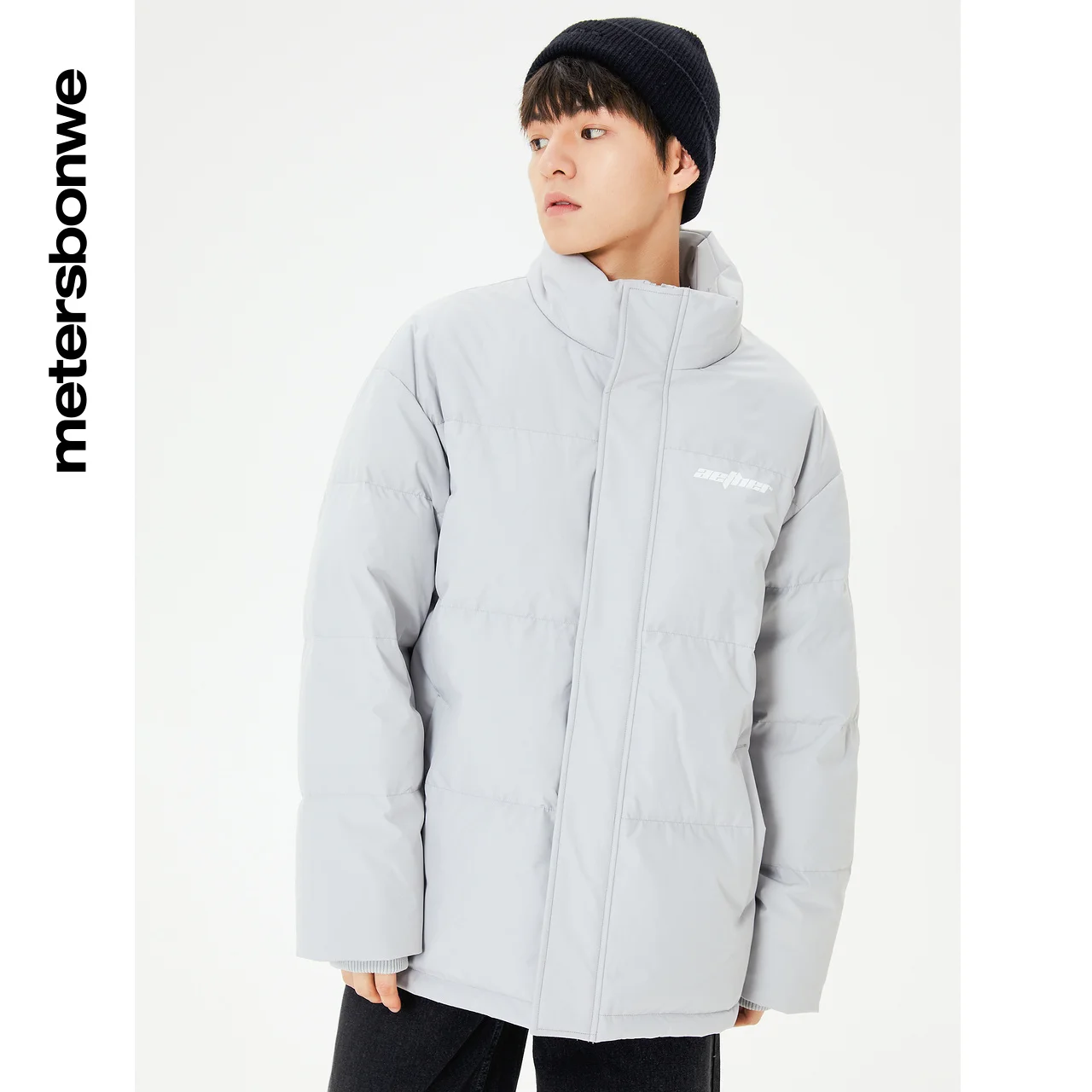 Metersbonwe Men's Solid Color Down Wear Loose 80% Duck Down Windproof  Stand Collar Warm Wear Winter Letter-Printed Down Coat