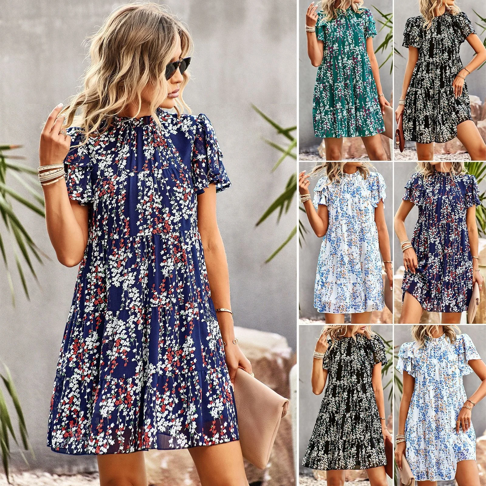 

2023Casual print elegant dress, the American station round neck A-line skirt, the summer new Bohemian printed short