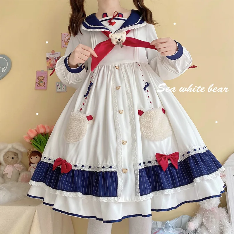 NONSAR Lolita Dress Original Design Genuine Sea White Bear Long Sleeve OP Patch Work Daily Bow Dress