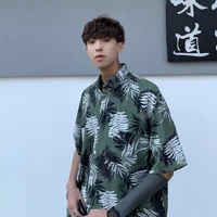hong kong retro summer short sleeve shirt mens shirt coat hawaiian beach branch shirt