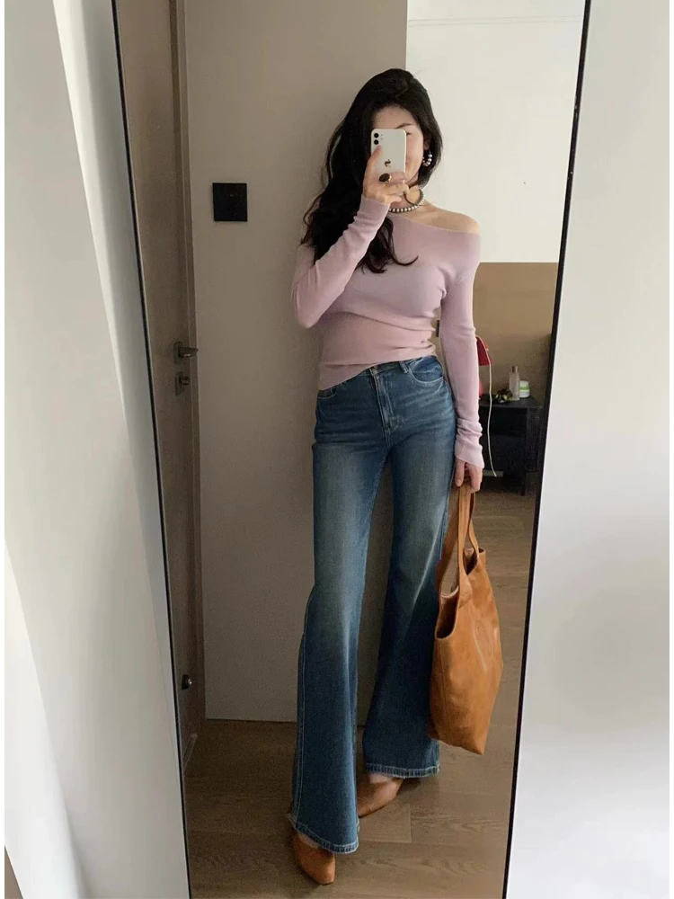 Plus Size Elegant Gentle Sle Sloping Shoulder Long sleeve Knit Women Autumn Casual Fashion Simple Chic Slim fit Slimming Vers...