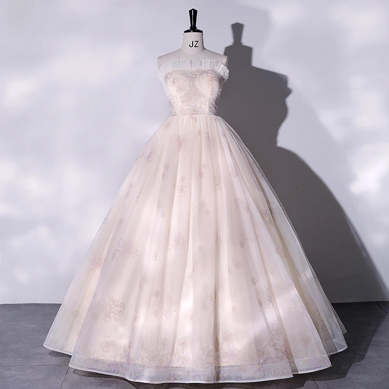 

2023 New Champagne Quinceanera Dresses Sexy Ruffles Strapless Floor-length Tulle Ball Gown Sweet Simple Vestido De Debutante