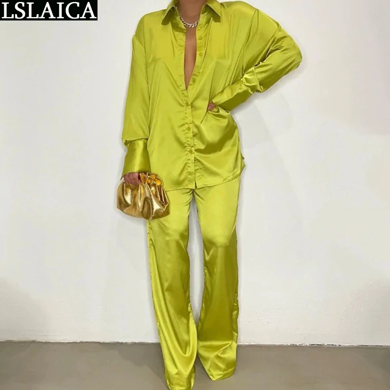 

Set Woman 2 Pieces Chic Pants And Shirts Solid Color Women's Clothing 2022 Elegant Trend Outfit Satin Suits Autumn Loose Casual