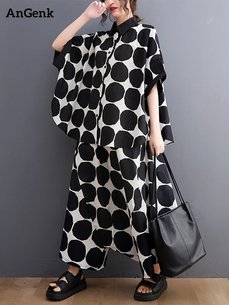 

Polka Dot Print Summer Casual 2 Two Piece Set Short Sleeve Loose Blouse Women Shirt Top Fashion Clothing Harem Pants Suit 2022