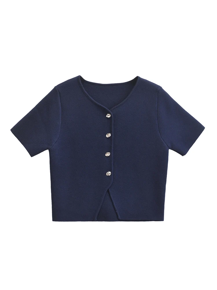 Женский винтажный кардиган на пуговицах с круглым вырезом и коротким рукавом