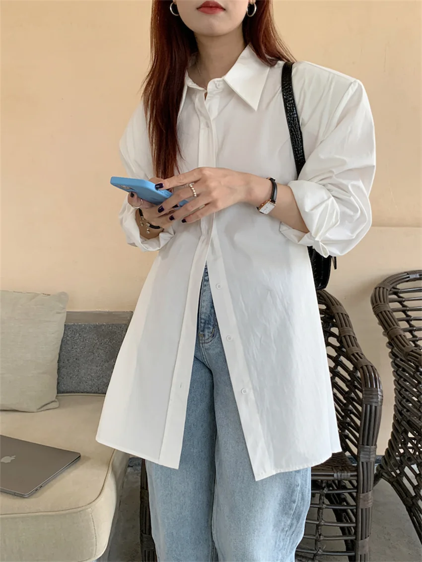 

Alien Kitty White Work Wear Shirts Shoulders Pads New Loose Women Autumn Chic Minimalist Office Lady Slim Full Sleeve Gentle