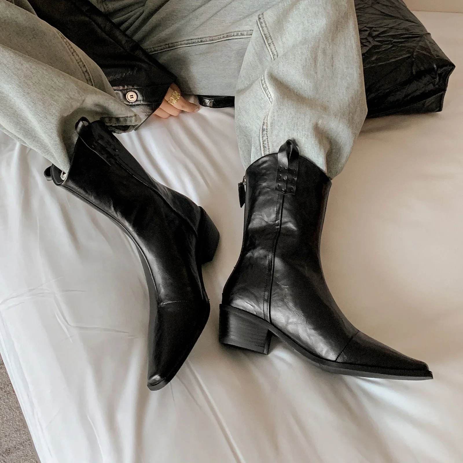 Ботильоны до середины икры с V-образным вырезом винтажные кожаные ботинки в стиле