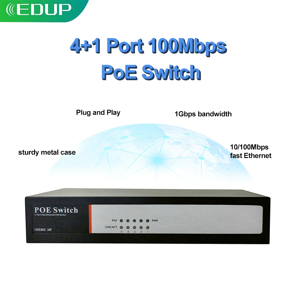 

EDUP Ethernet Switch 5 Ports LAN Hub RJ45 Plug And Play 10M/100Mbps Auto-MDIX POE Ports Switch POE Switch For Router Computer