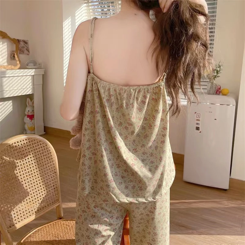 CAIYIER New Flower Summer Pajamas Set V Neck Sling Top + Long Pants Sleepwear Suit Sweet Girls Sexy Lace Nightwear Outer Wear