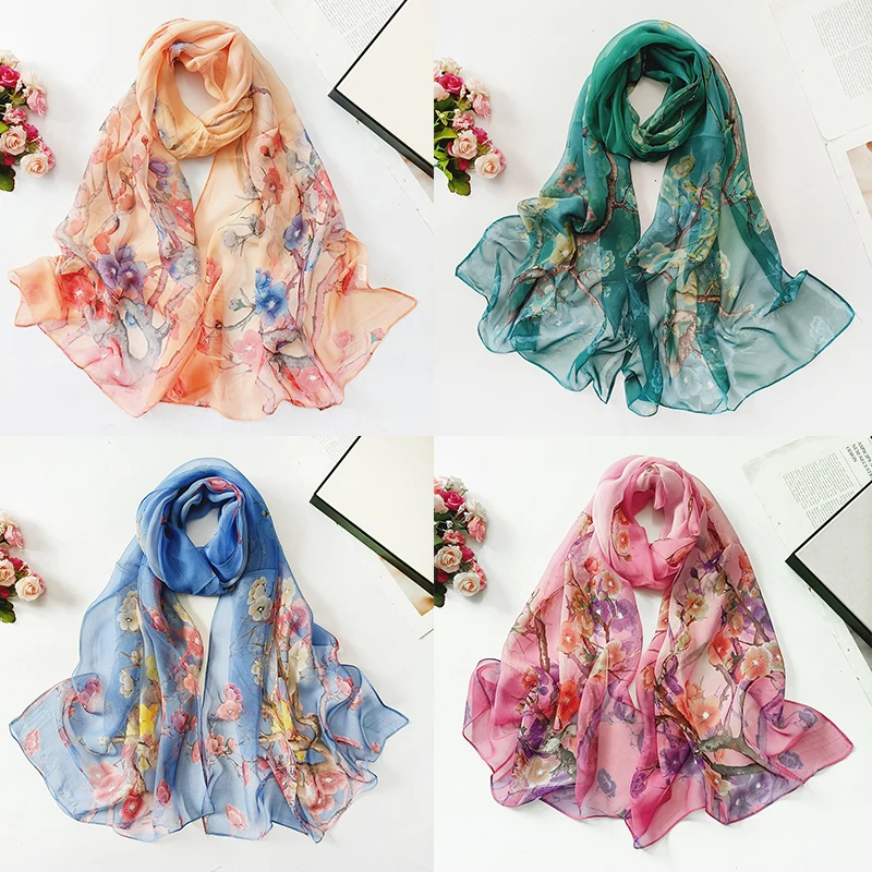 

Модный Шелковый шарф с защитой от солнца, Женская бандана из жоржета с цветами, элегантная шаль для морского пляжа, мягкий хиджаб, длинный то...