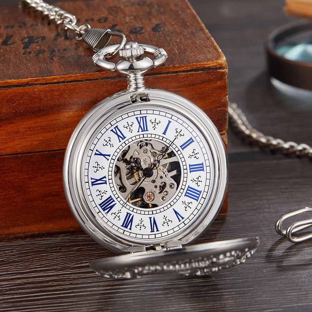 Vintage Double Side Chinese Dragon Stainless Steel Silver Mechanical Pocket Watch For Men FOB Chain Necklace Male Watches