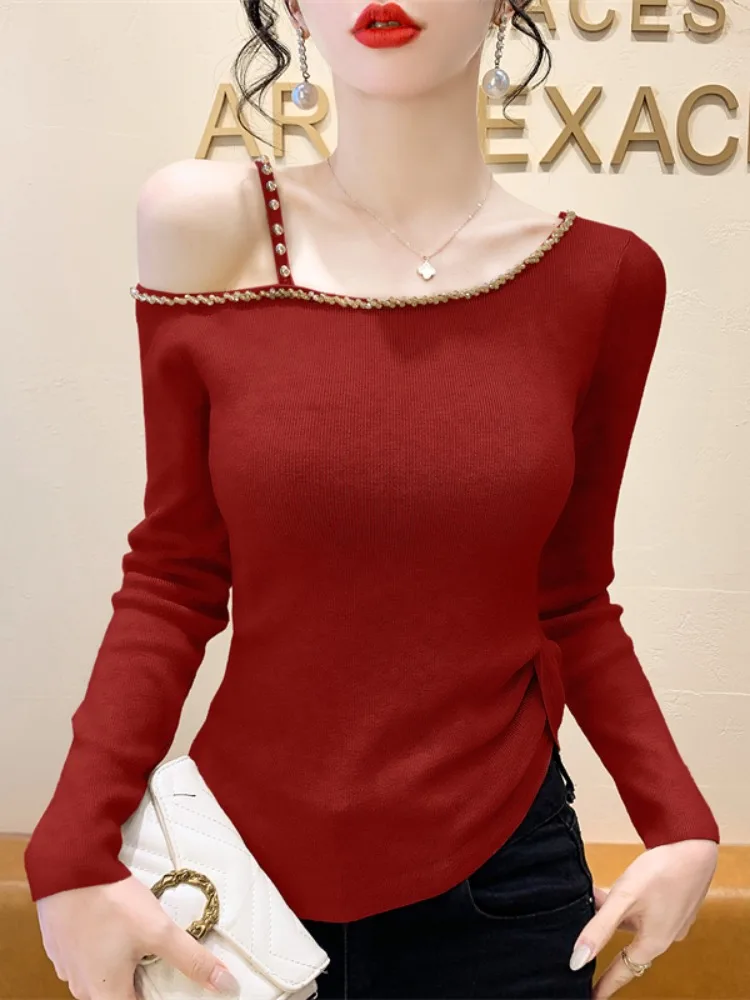 Трикотажная женская рубашка с открытыми плечами и длинным рукавом